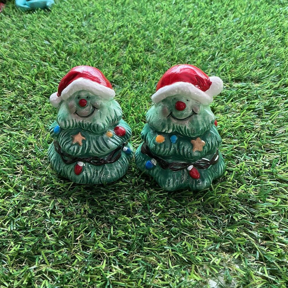 Christmas Tree Salt Pepper Shakers Ceramic Santa Hat Holiday Lights Set of 2